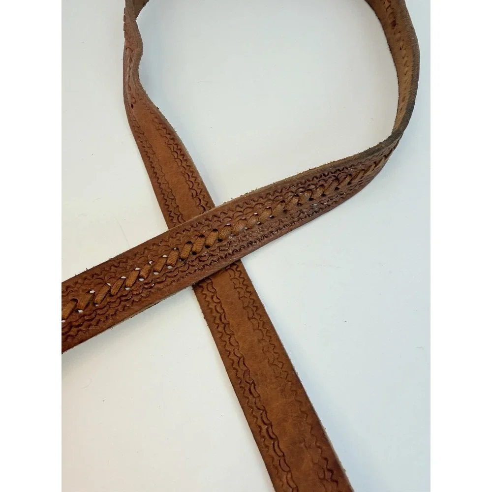 Distressed Hand Tooled Leather Vintage Belt Braided Center Western Cowboy 44